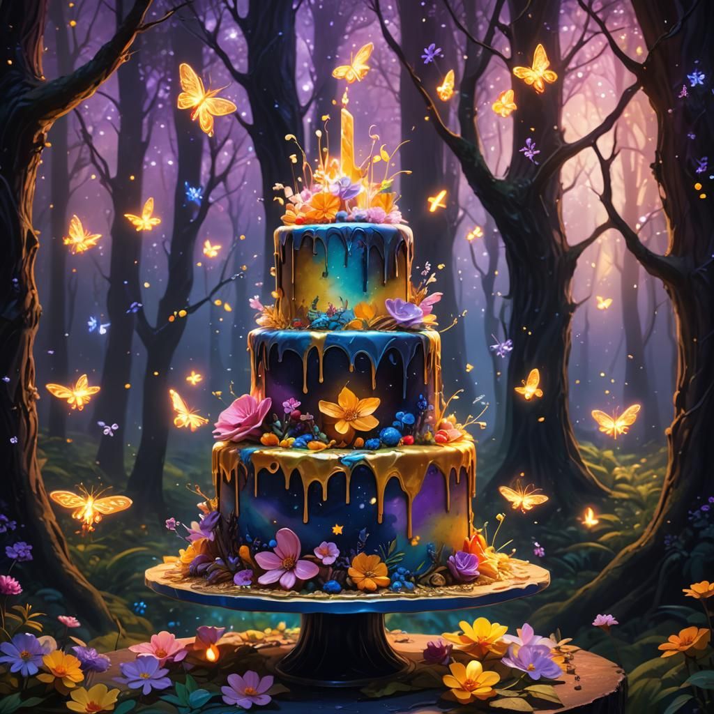 Mystical Forest Cake with Glowing Light Patterns