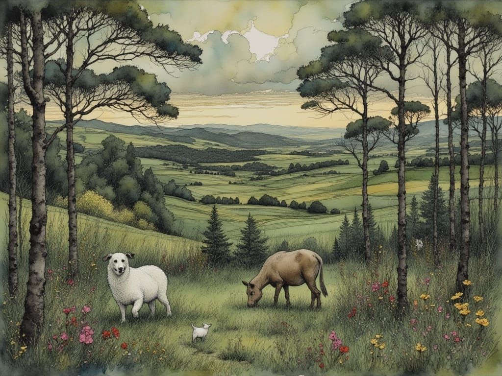 Whimsical Landscape in Vintage Linocut Style