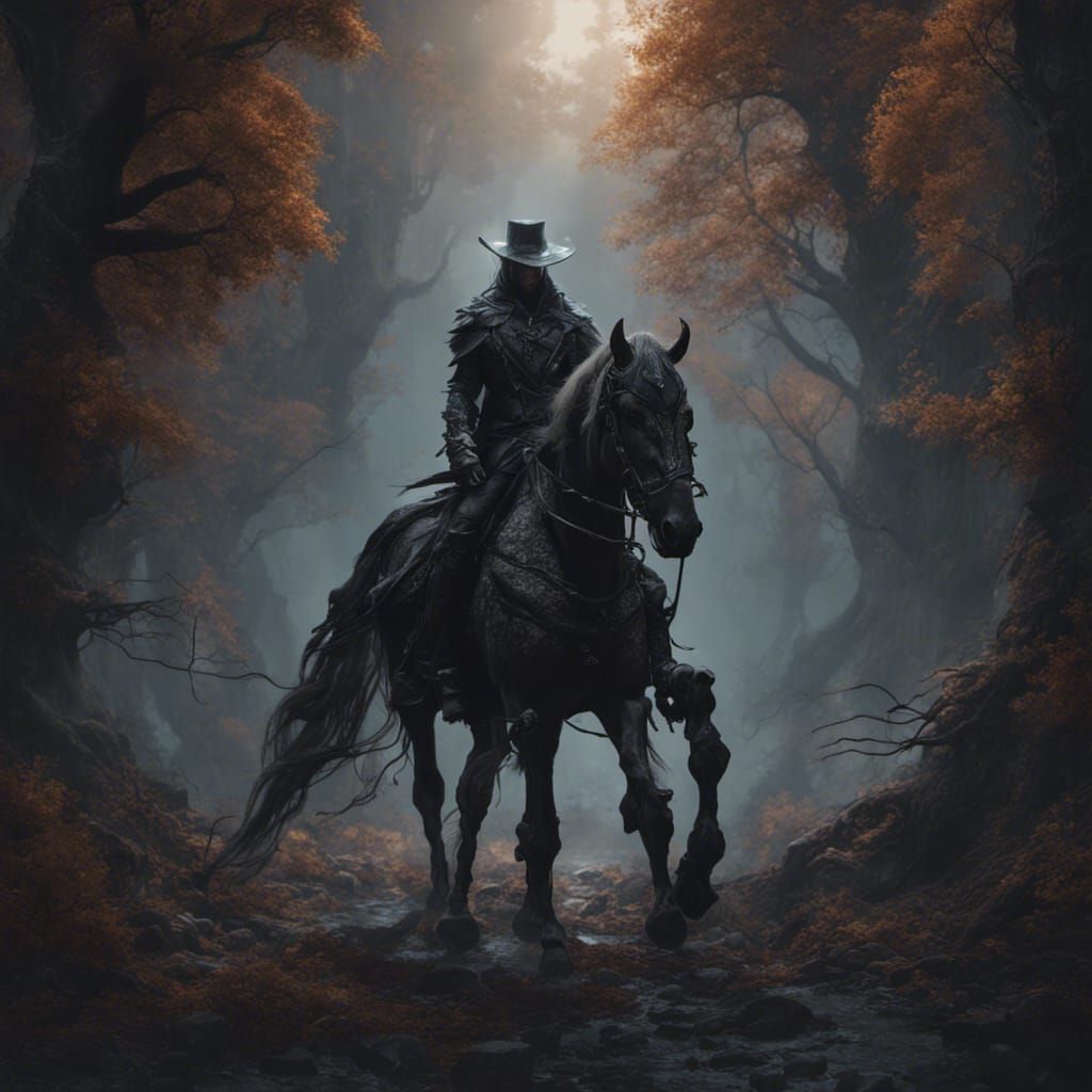 Ghostly Horseman in Dark Hollow: Detailed Matte Painting