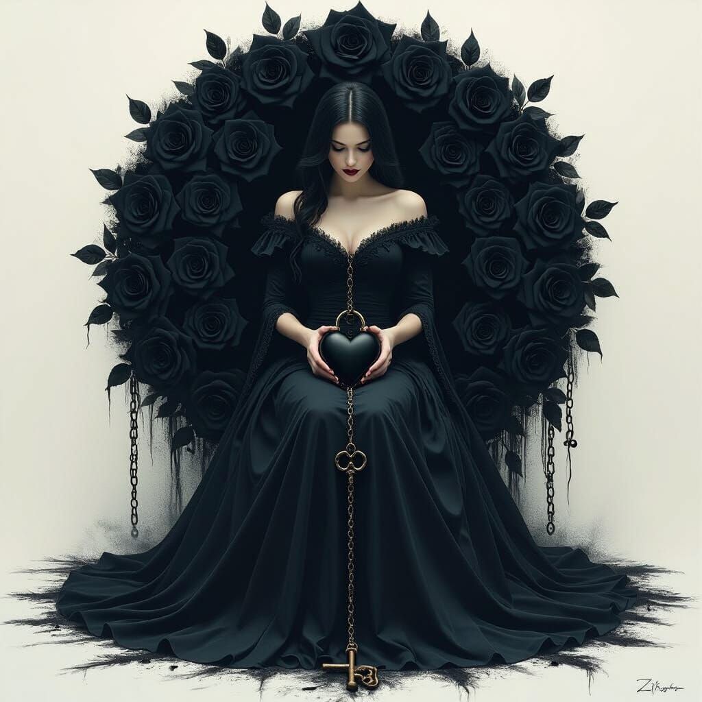 Eerie Woman with Heart and Roses in Biomechanical Style