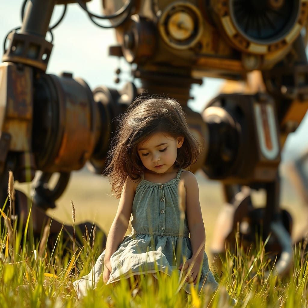 Girl Connects with Gentle Steampunk Robot in Sunlit Field