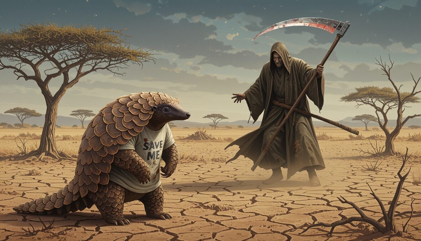 Pangolin's Plea: A Hauntingly Detailed Scene