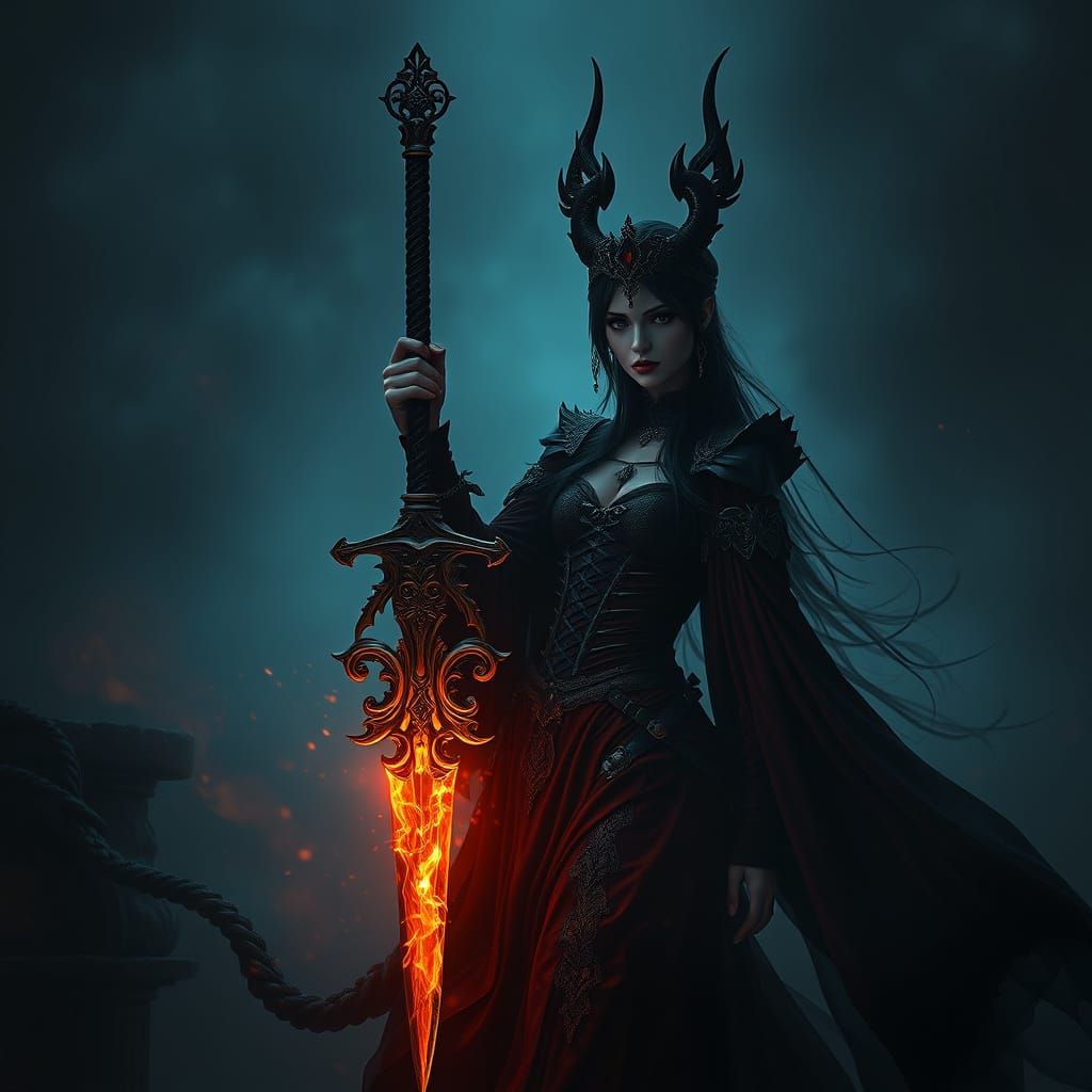 Dark Fantasy Maiden with Ornate Sword in a Haunting Atmosphe...