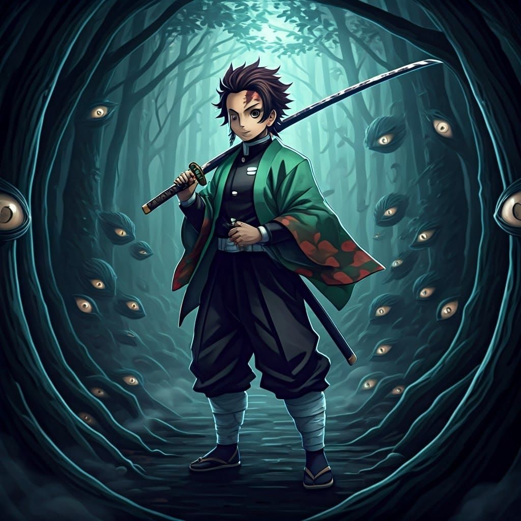 Heroic Demon Slayer in Mystical Forest, Ukiyo-e Style