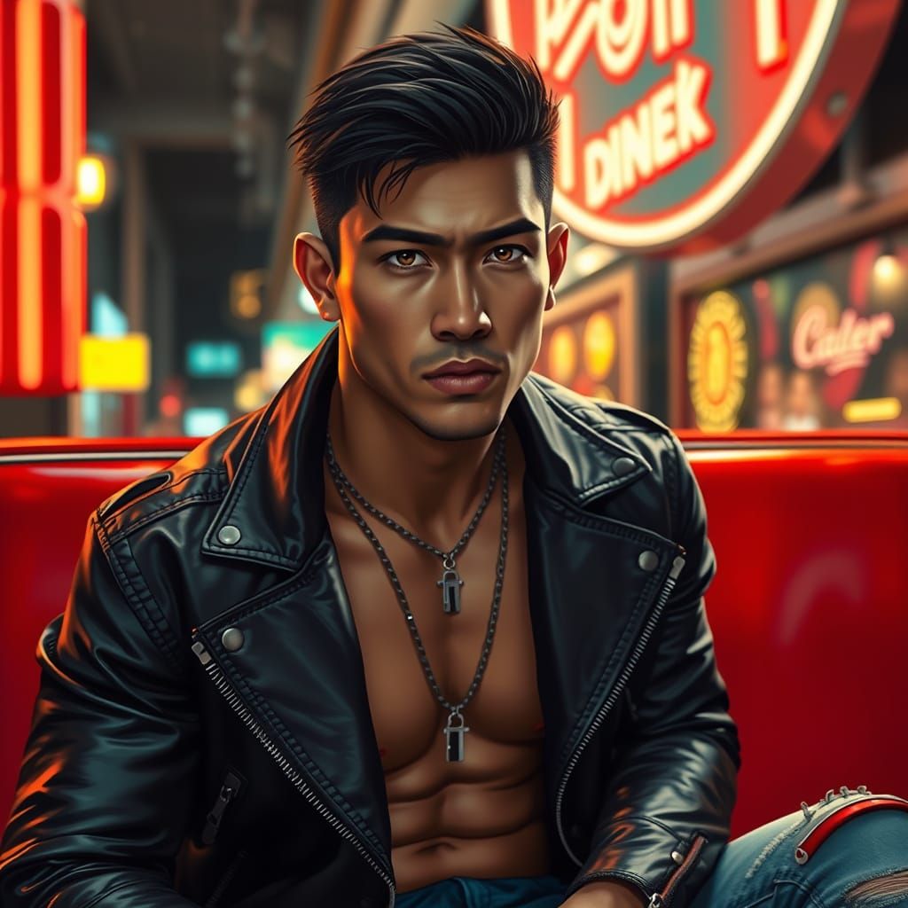 Man in Leather Jacket at Neon Diner