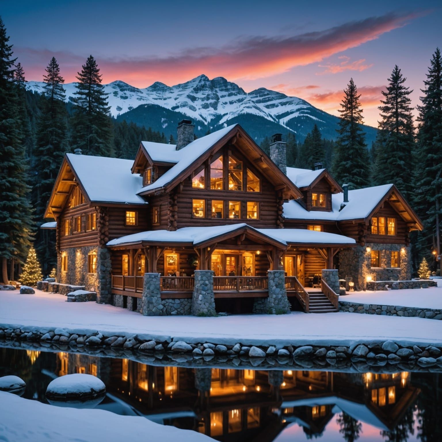 Majestic Snow-Covered Lodge at Christmas Time