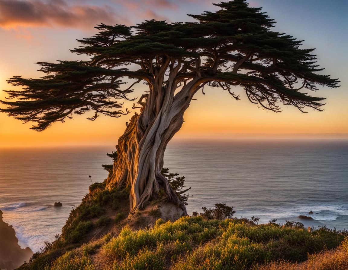 Cypress Tree Overhanging the Pacific Ocean on the Cliff at Sunset