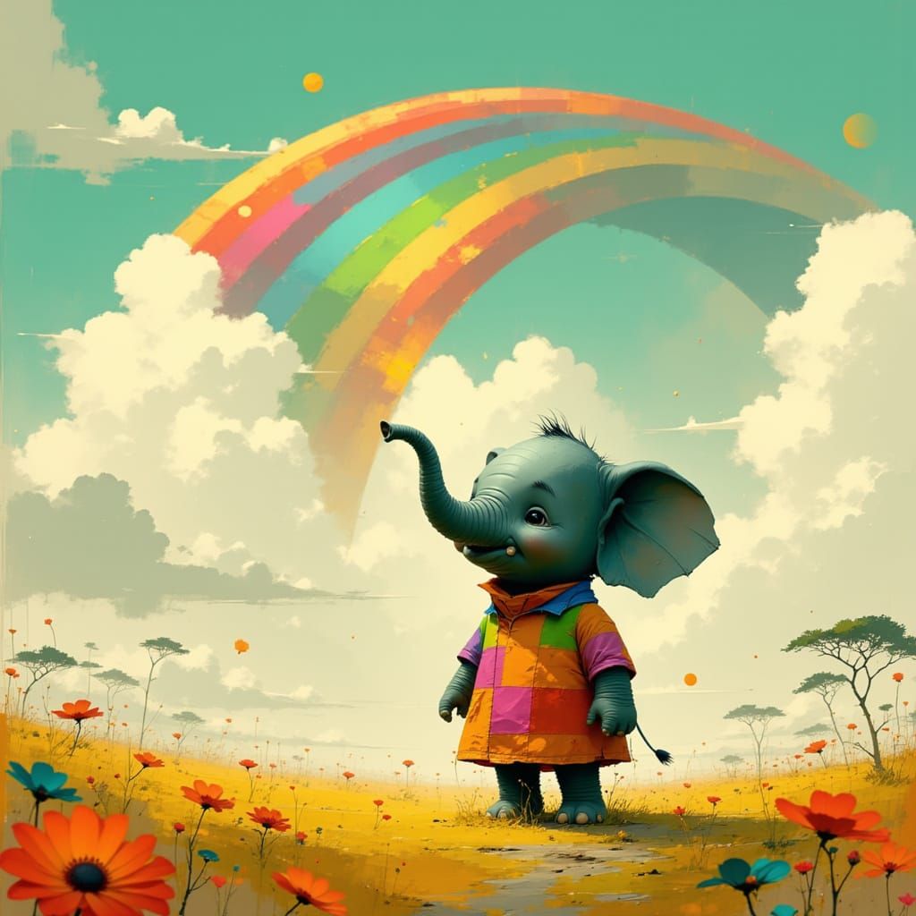 Baby Elephant Paints Rainbow in Sunny Savannah
