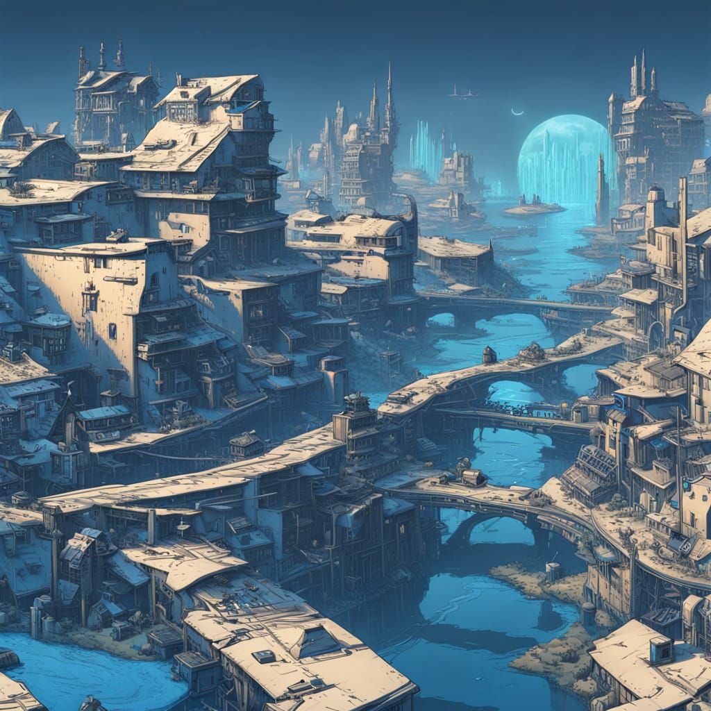 Blue Cyberpunk River Town