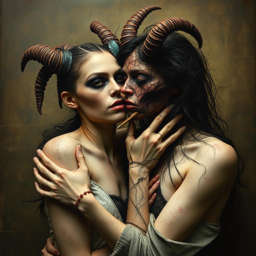 Surreal Demon Embrace: Intricate and Detailed Art