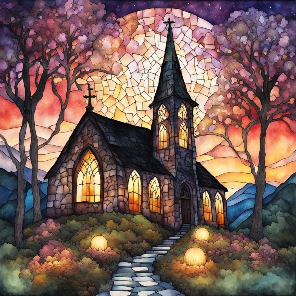 Mystical Chapel in Windswept Valley: Watercolor Art