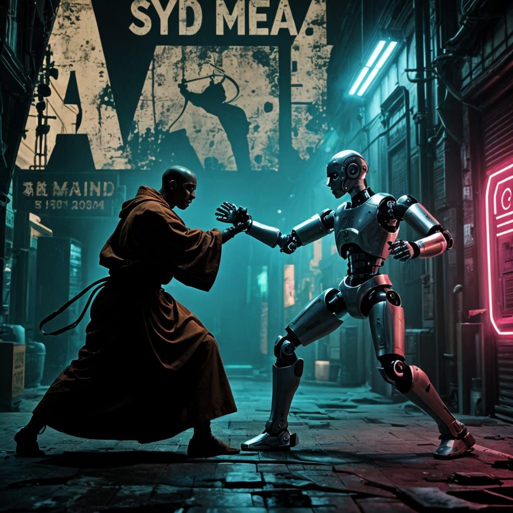 Sci-Fi Robot Fighting Match Poster in Dingy Alleyway