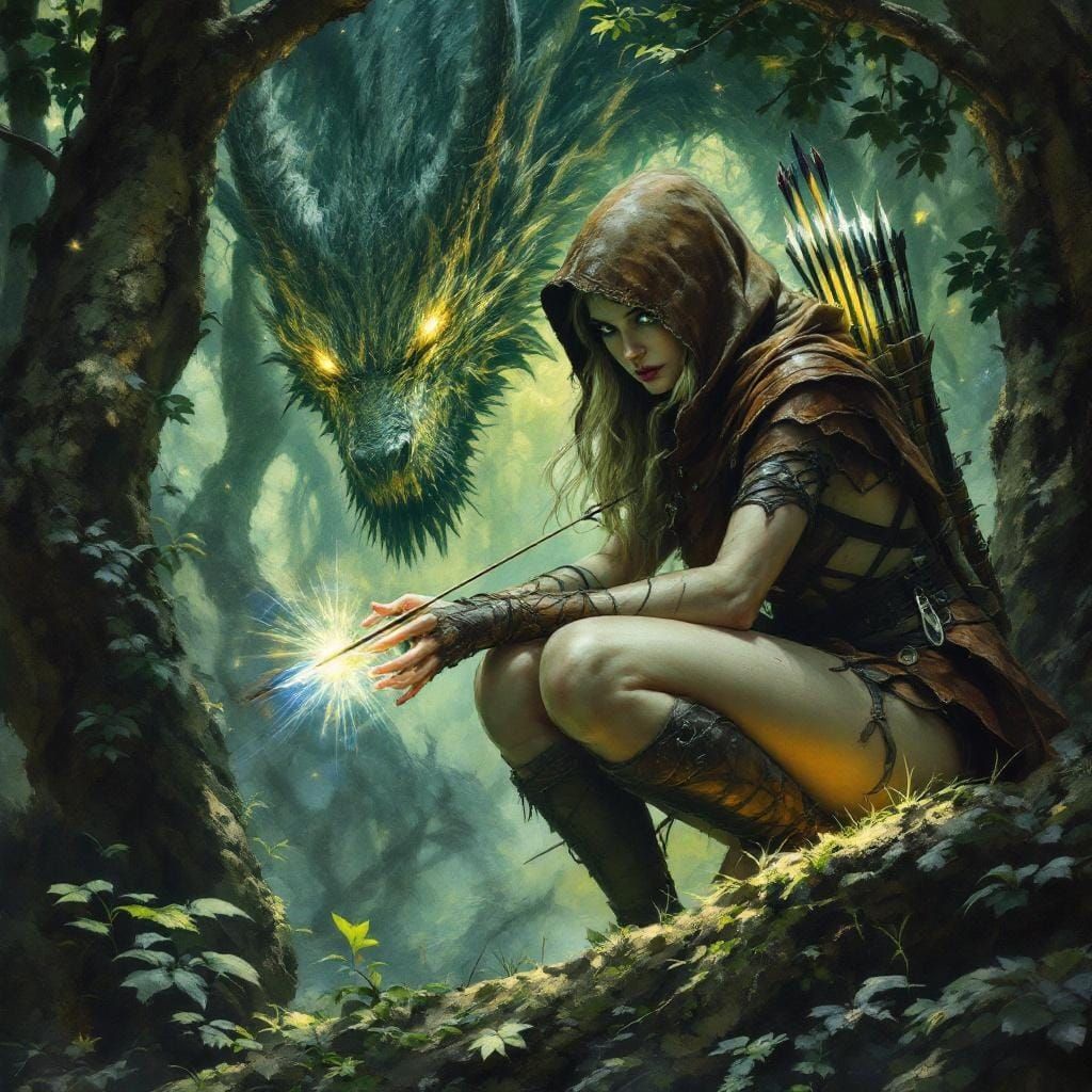 Ethereal Elven Huntress with Dragon, in Epic Style