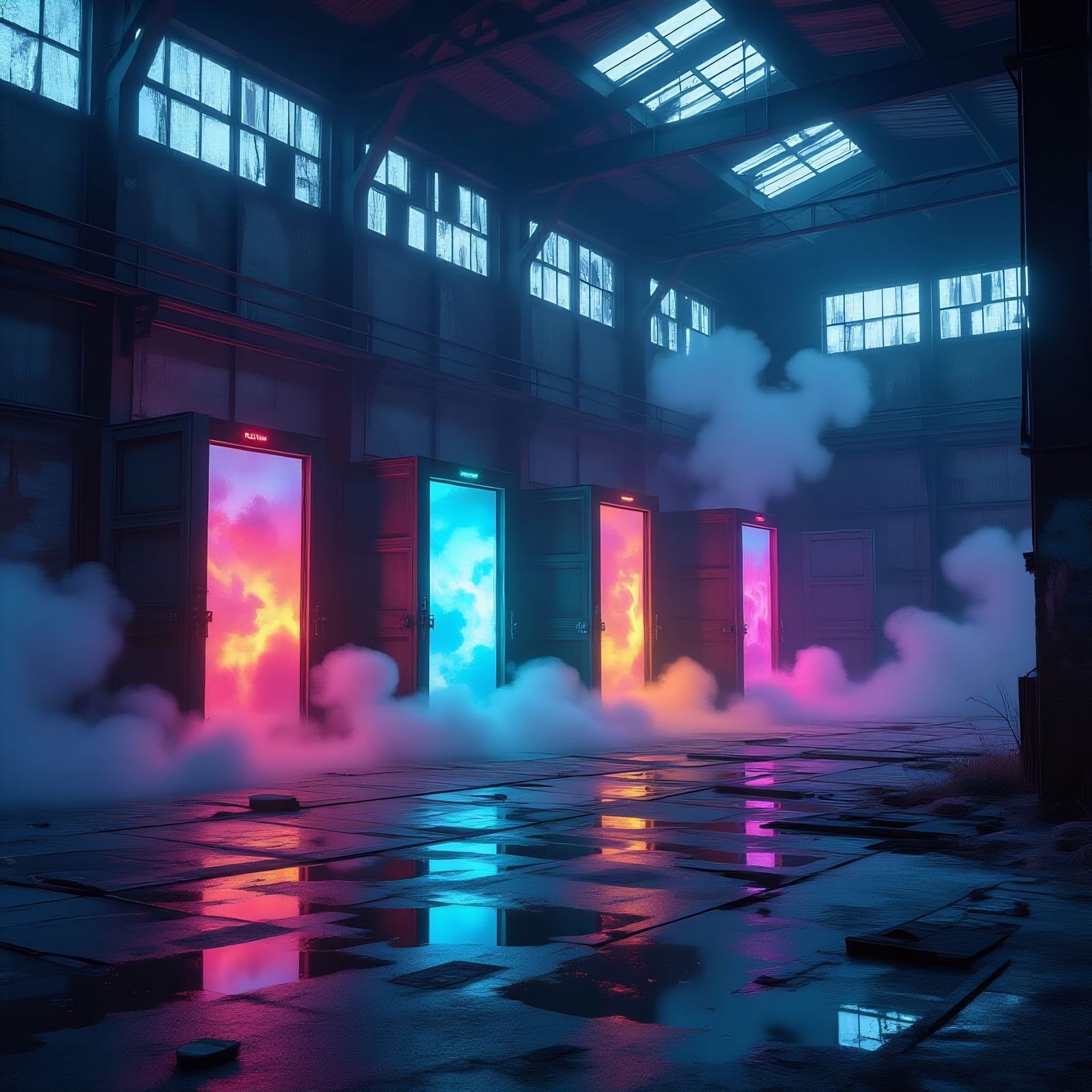 Decaying Warehouse with Colorful Floating Doors