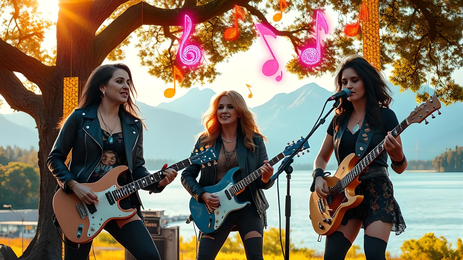 Female Rock Trio: Outdoor Concert with Falling Music Notes
