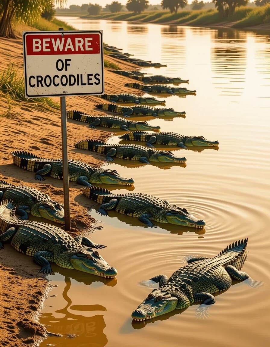 Nile Crocodile Danger: Warning Sign in Golden Hour Light