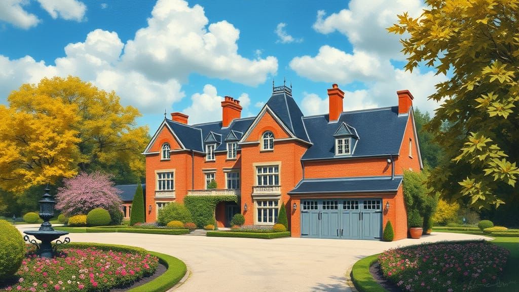 Grand Brick Chateau Surrounded by Vibrant Garden