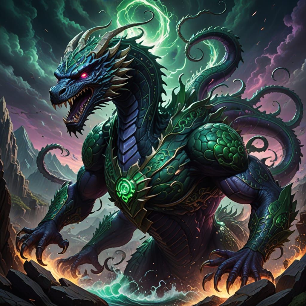 Magical Hydra Surrounded by Swirling Spells