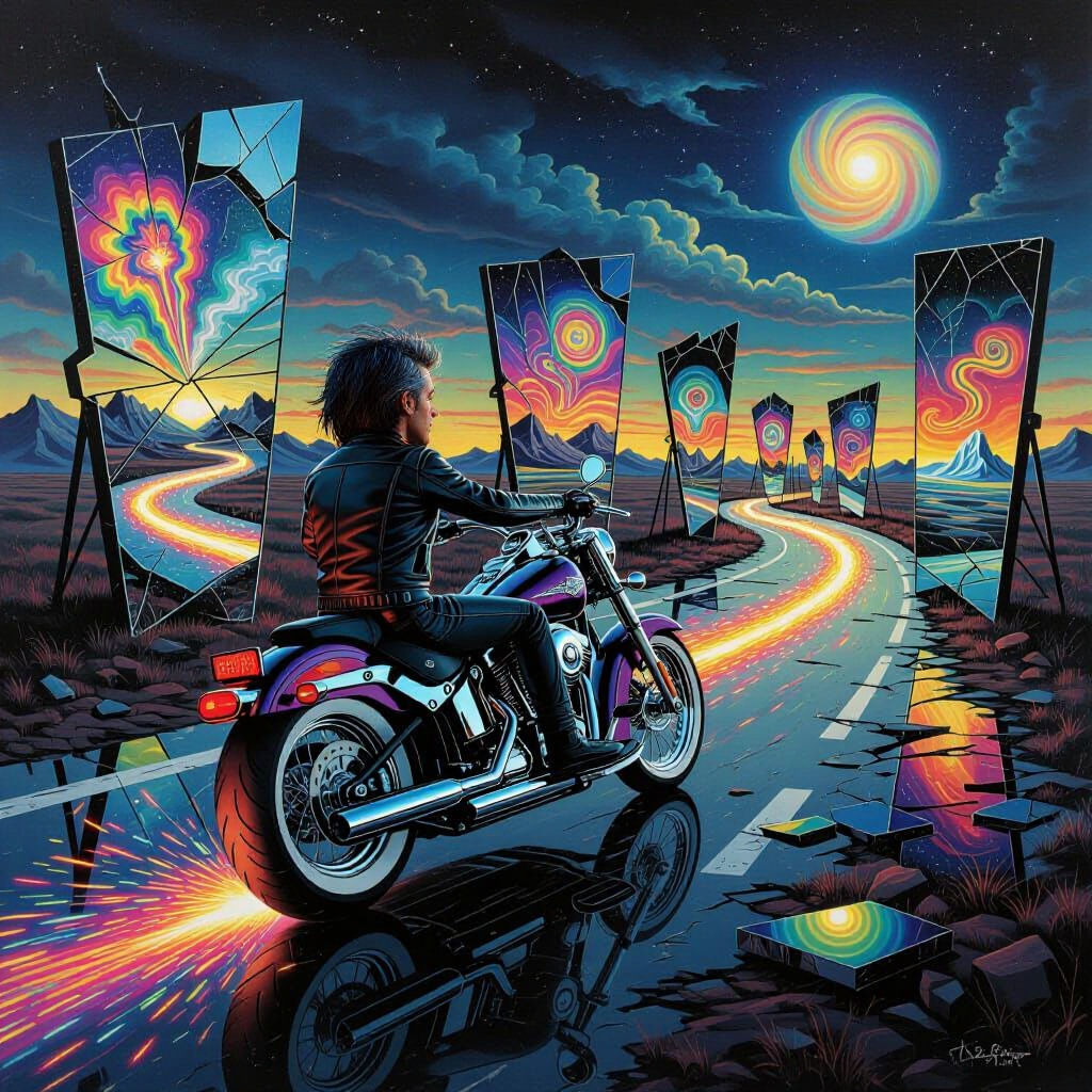 Biker in Dreamscape of Shattered Reflections