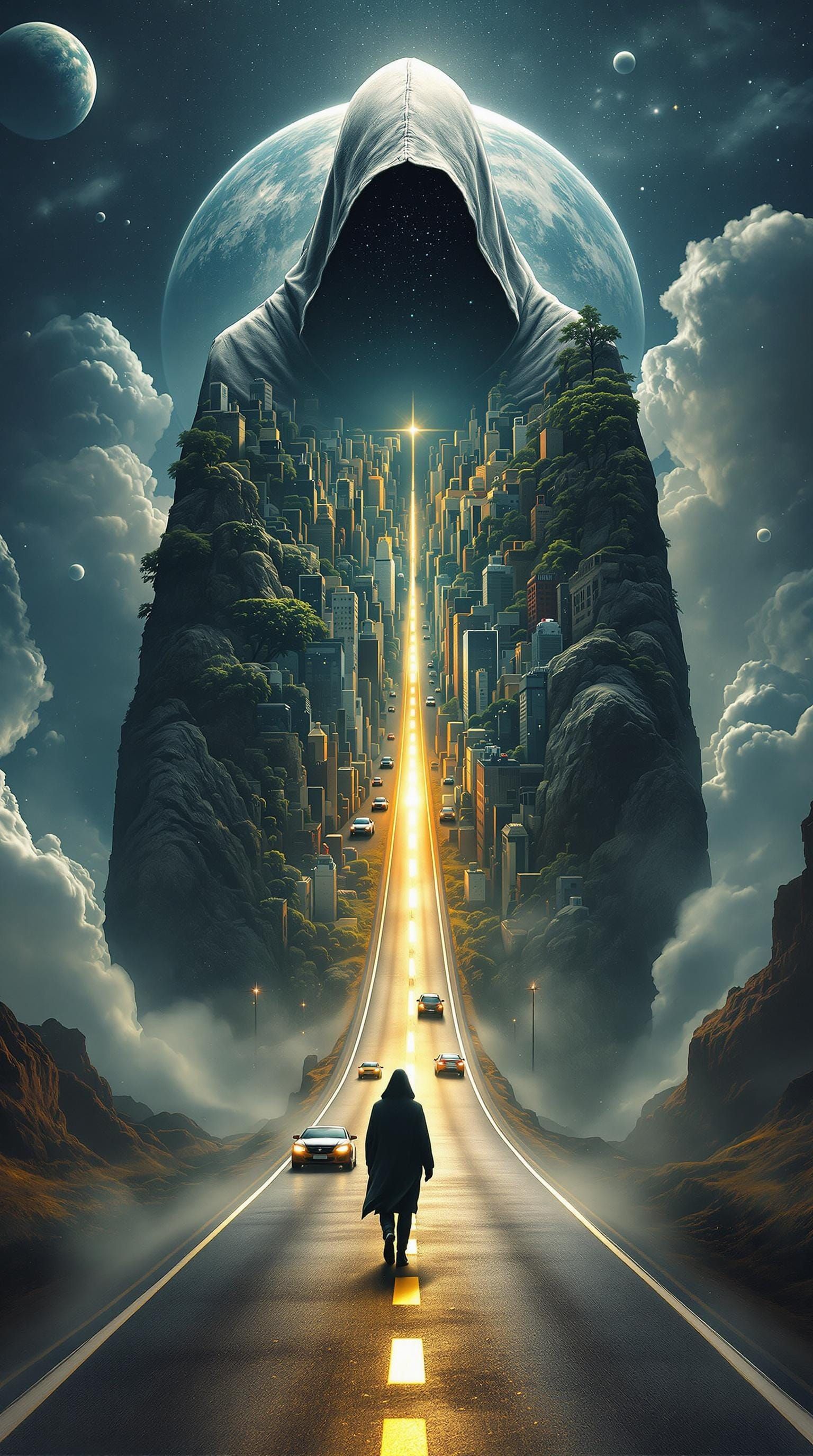 Cosmic God Descends with Galactic Roadscape