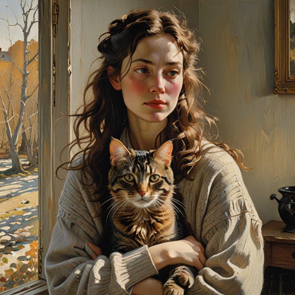 Woman Tenderly Holding Cozy Tabby Cat in Softly Lit Room