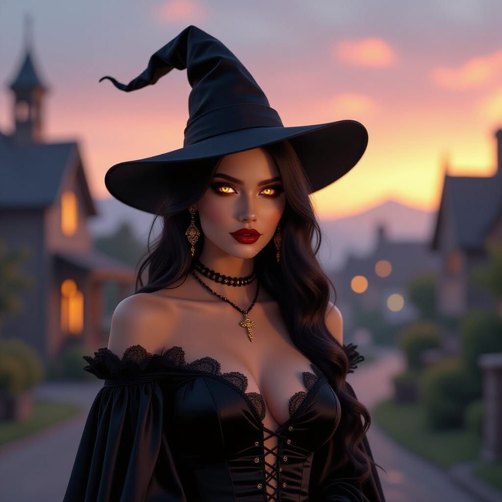 Halloween Witch Demon in Gown with Glowing Eyes