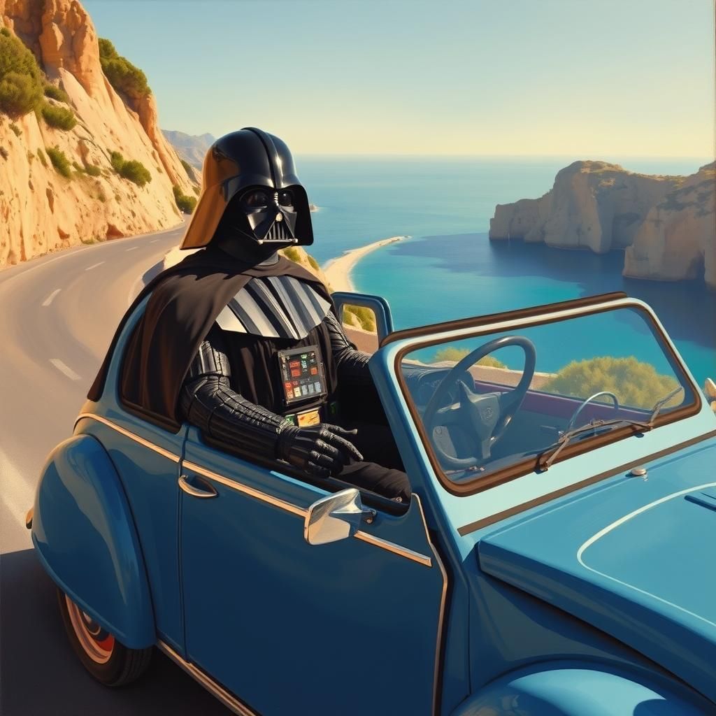 Darth Vader Drives a Blue 2CV, Oil Painting