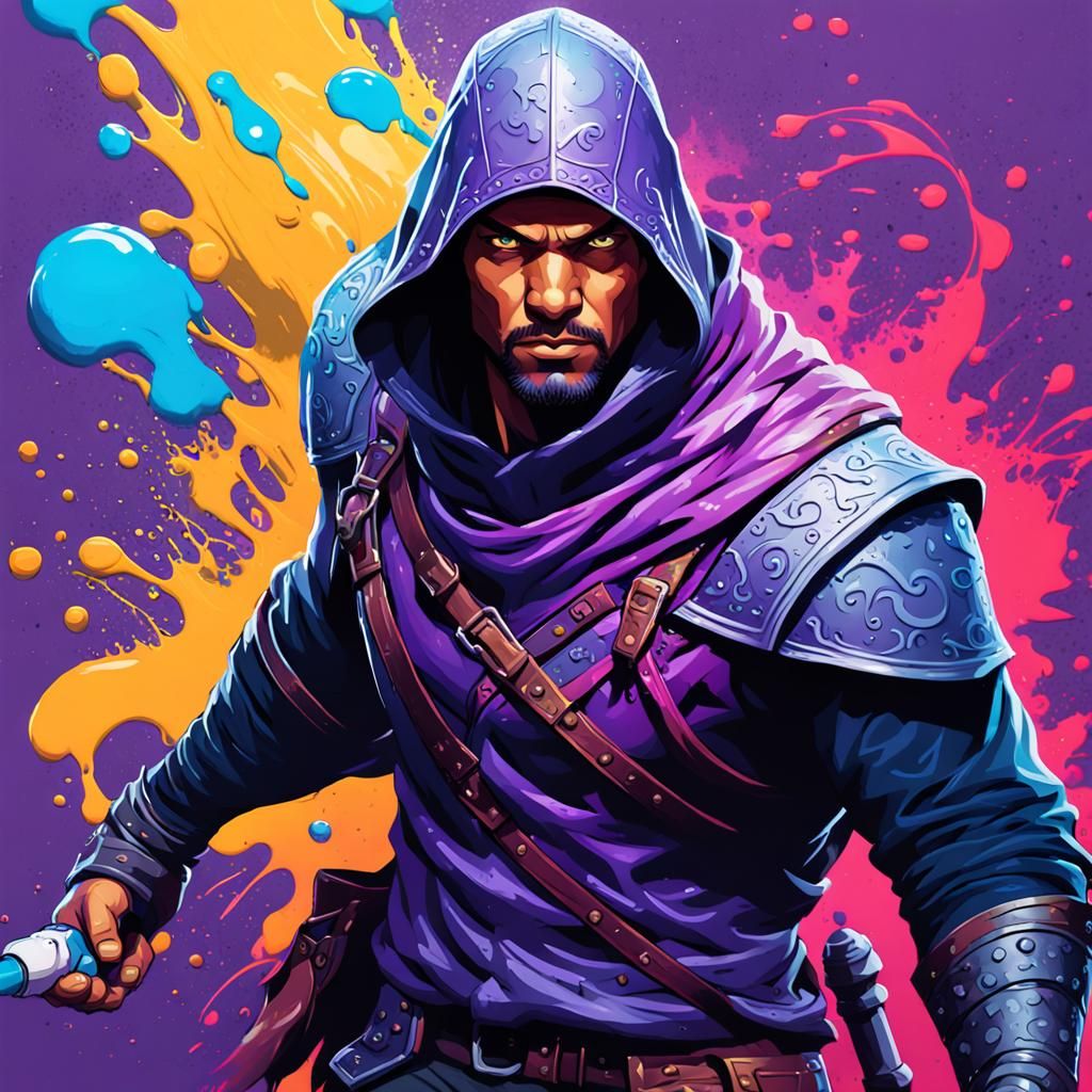 Fantasy RPG Hero in Violet Graffiti Art Style