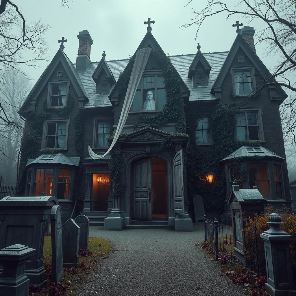 Haunting Victorian Mansion in Eerie Mist