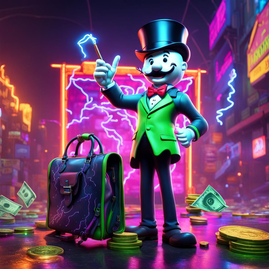 Mr. Monopoly Graffiti Art with Neon Lighting