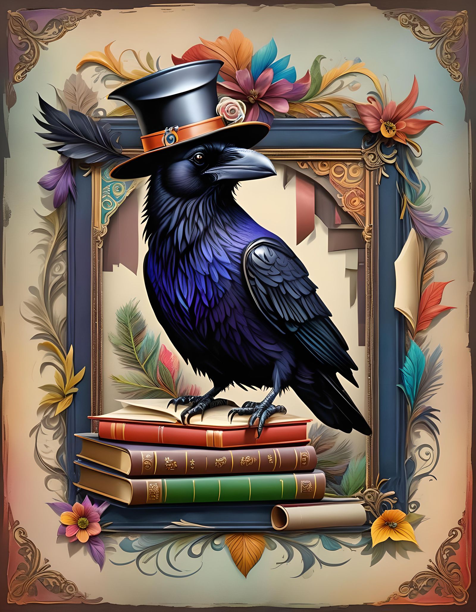 Raven in Fancy Hat Framed by Books