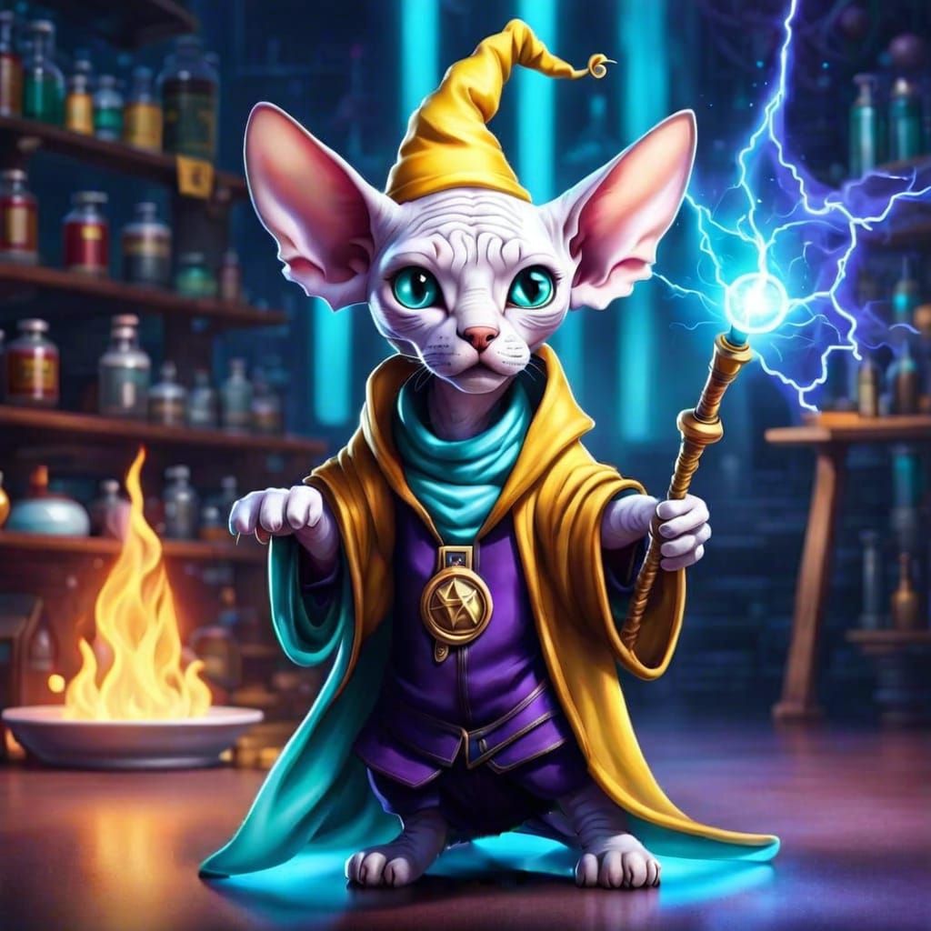 Hairless Cat Wizard Casting Magic, Anime Style