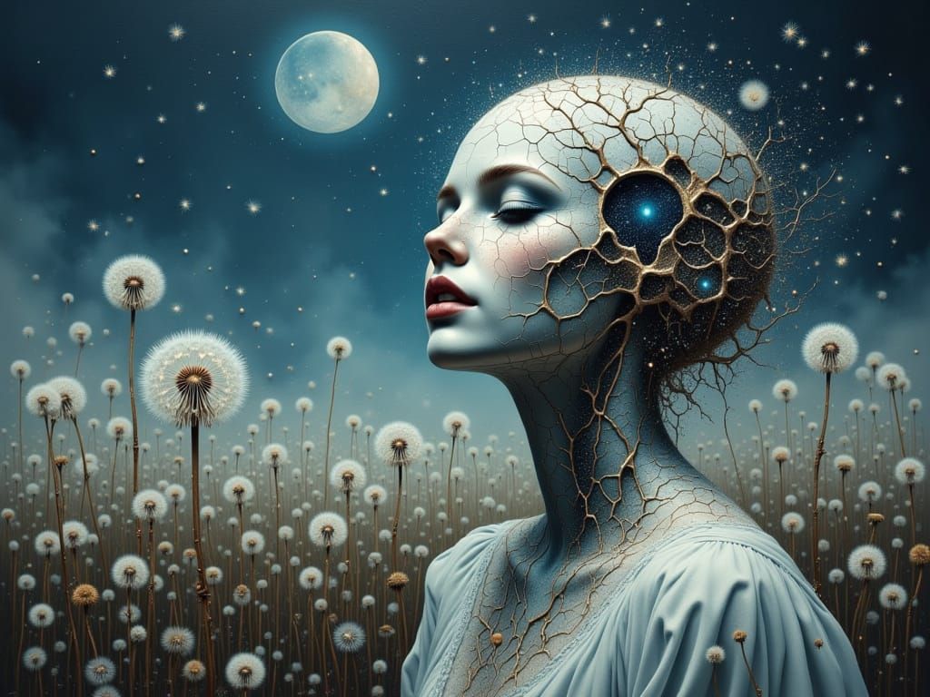 Cosmic Porcelain Woman in Dandelion Field