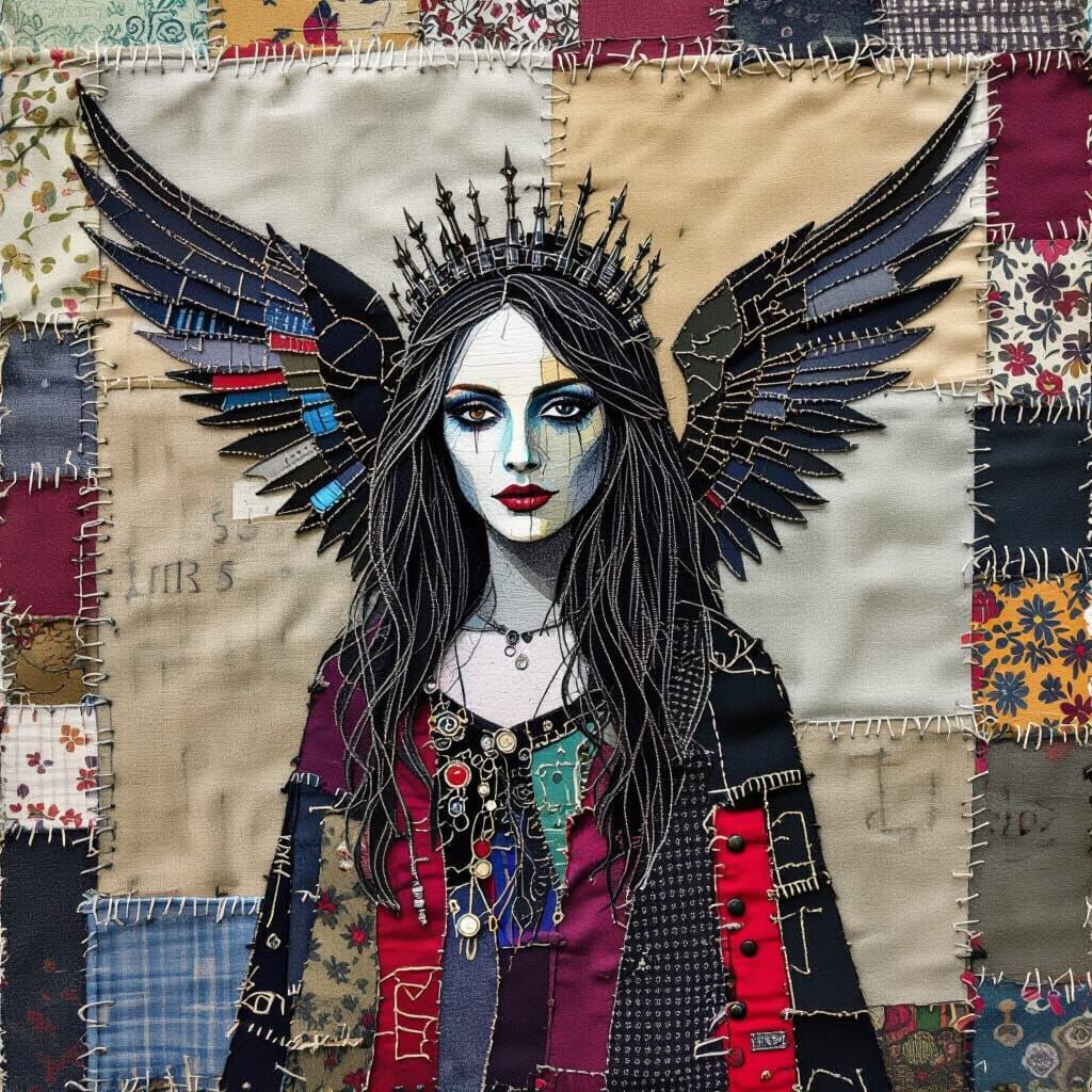 Dark Angel Portrait Crafted from Fabric and Stitching