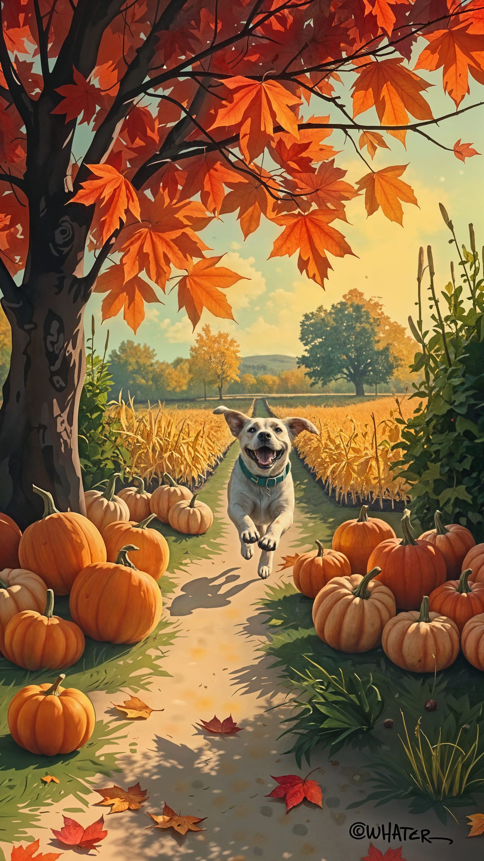 Vibrant Autumn Landscape with Cascading Leaves and Pumpkins