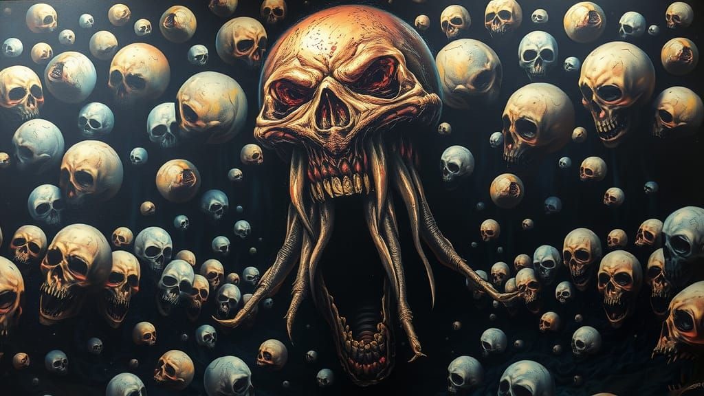 Hellish Nightmare Mural with Pointillism and Chiaroscuro