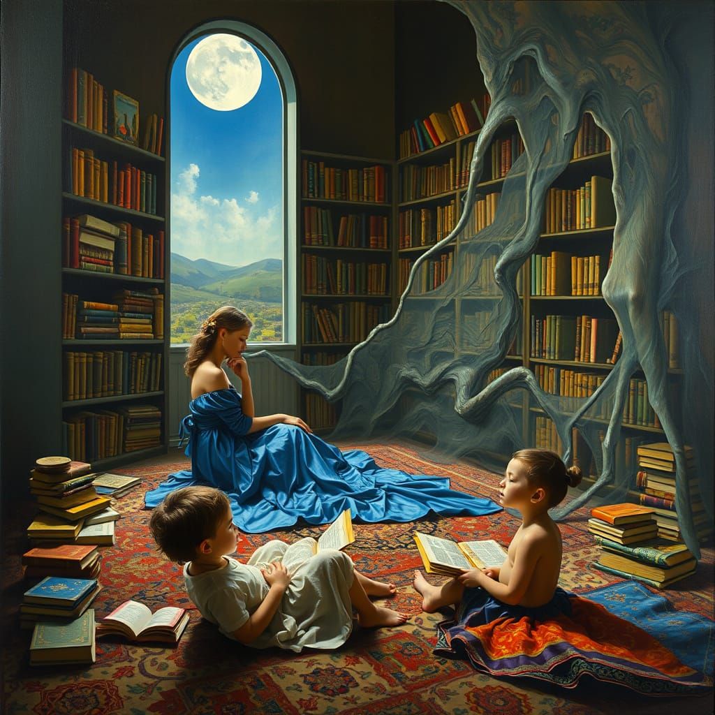 Dreamlike Library Scene with Surrealistic Shelves and Ethere...