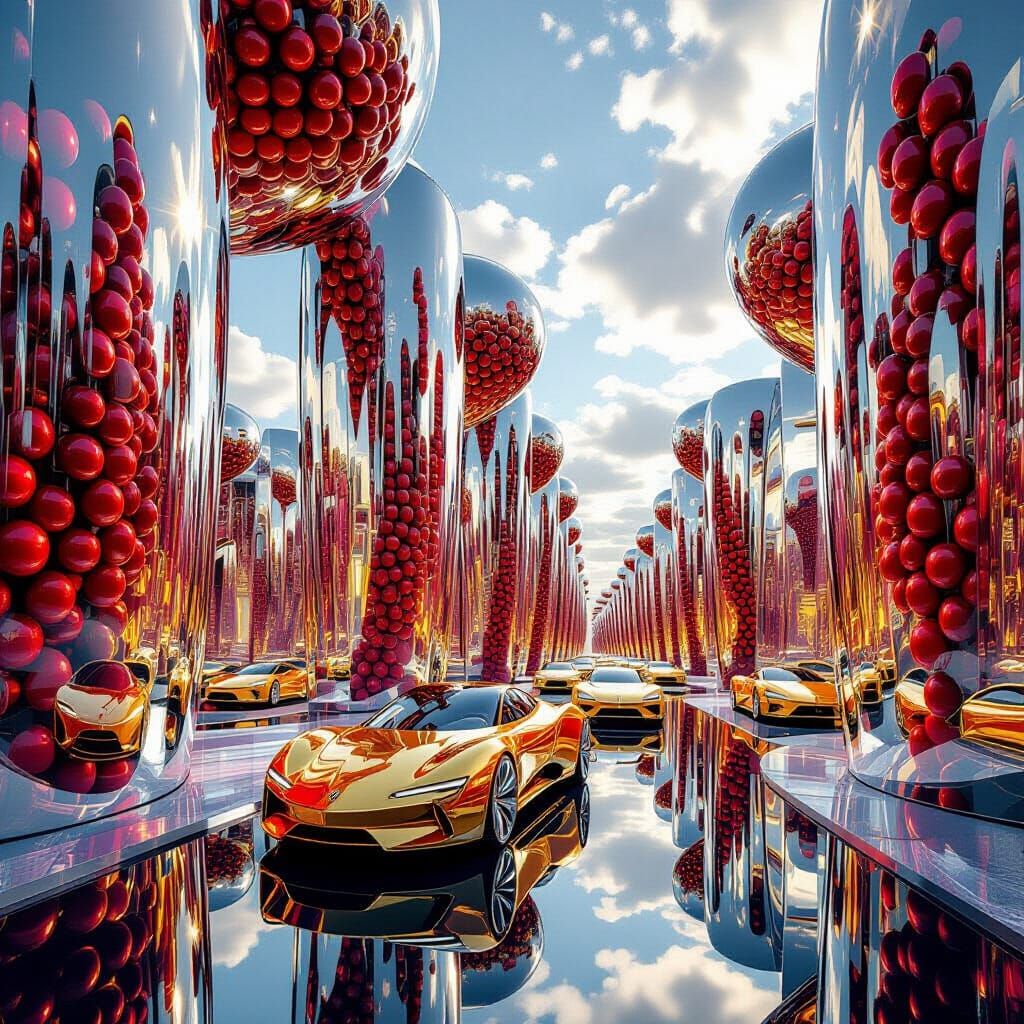 Glass Walls and Gold Cars Under a Berry Sky