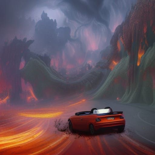 Convertible Car's Descent into a Fantastical Hellscape