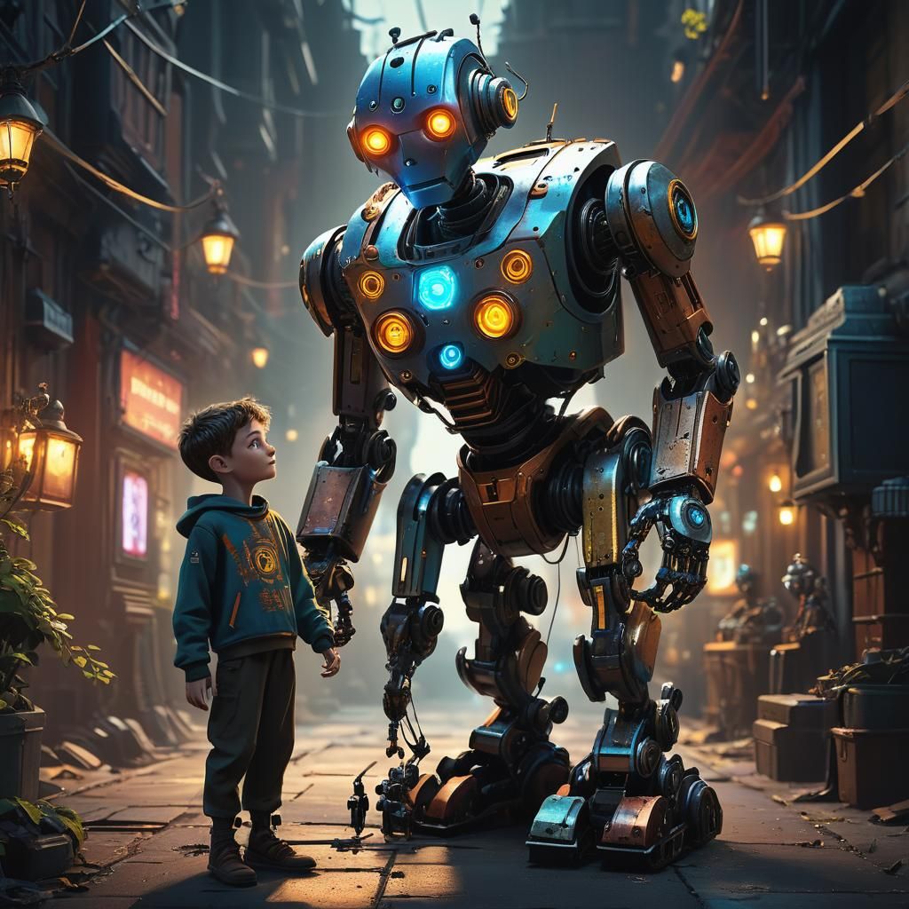 Boy and Robot Nanny in Cyberpunk 2099 Style