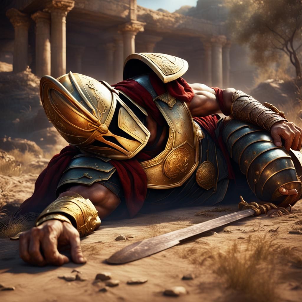 Roman Warrior Sleeping in Hot Scrubland, Detailed Matte Pain...