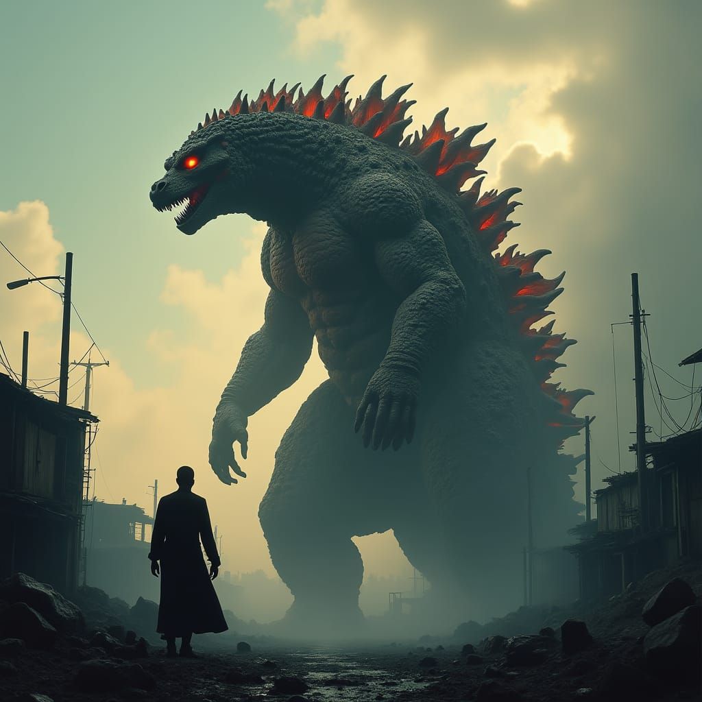 Grotesque Shin Godzilla in Ruined Cityscape