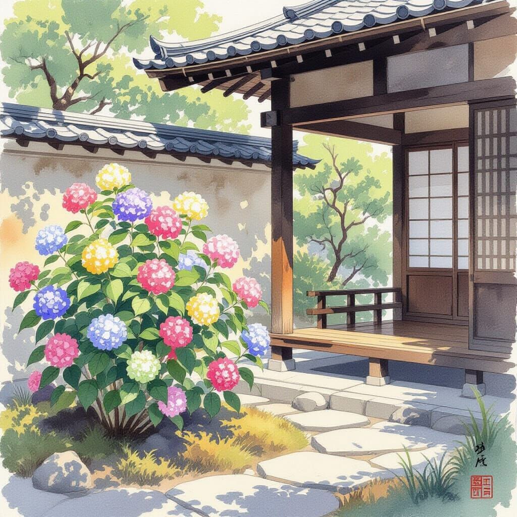 Hydrangea in Japanese Garden: Yamato-e Style