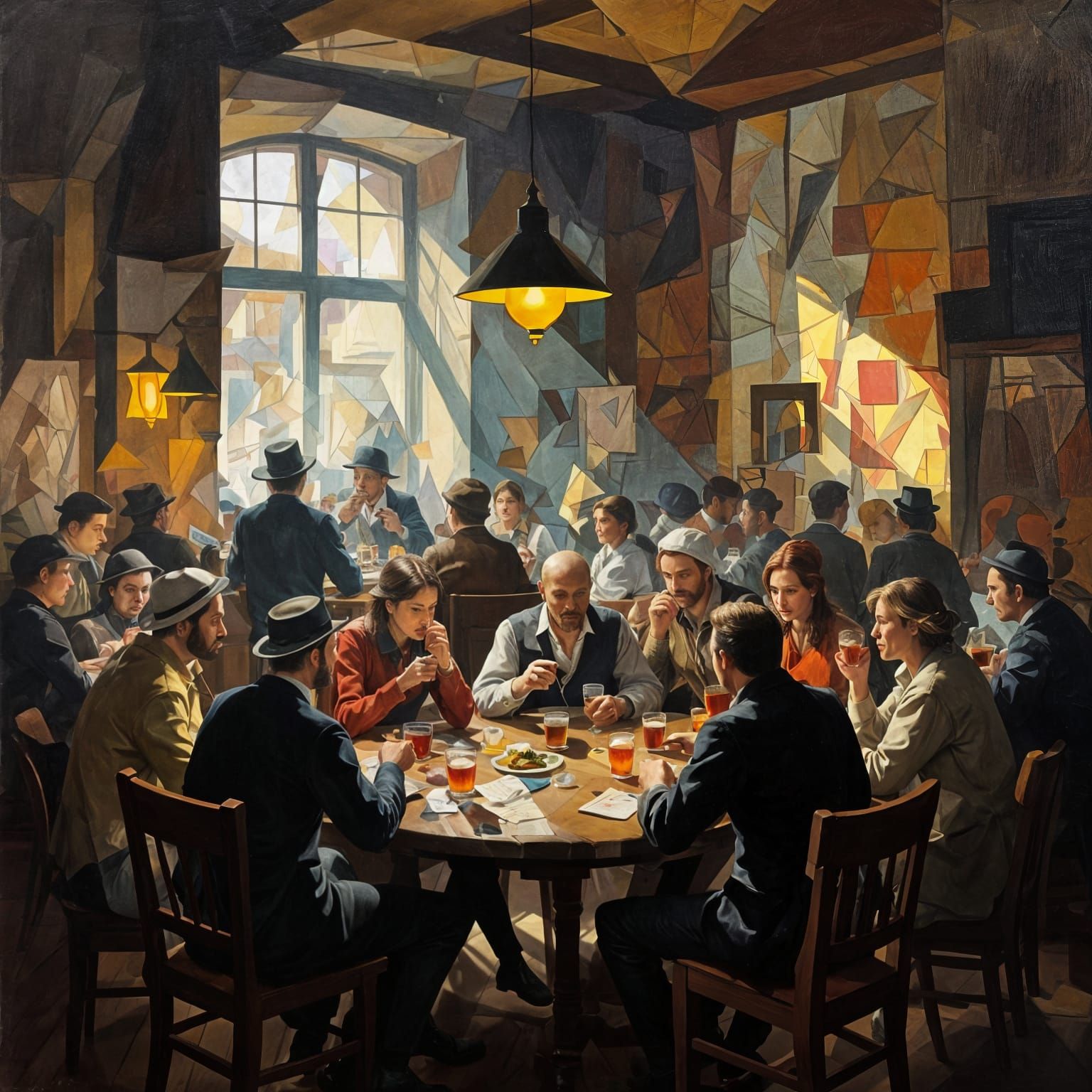 Cubist Tavern Scene with Patrons and Games