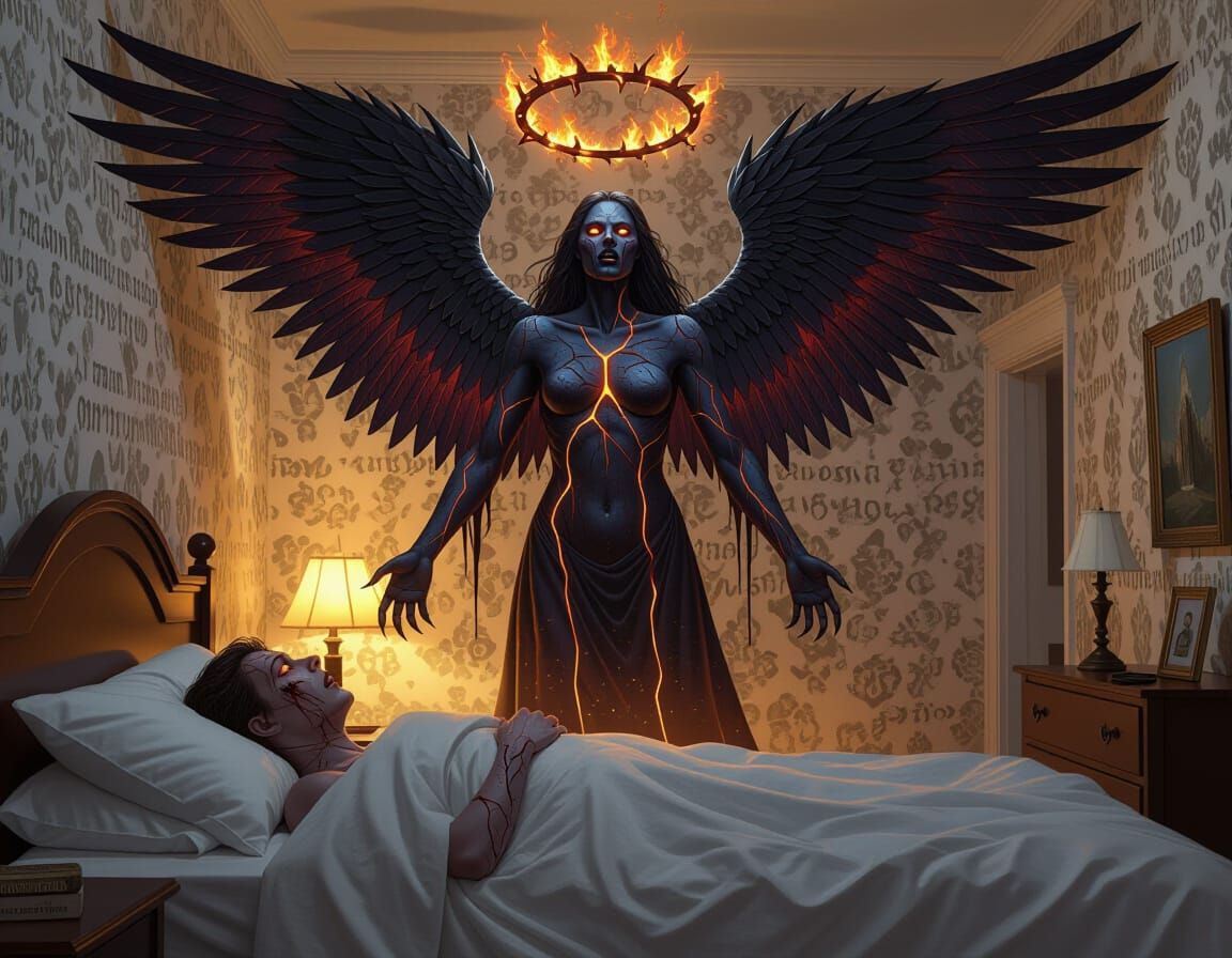 Fallen Angel Terrifies Sleeper in Dark Fantasy Art