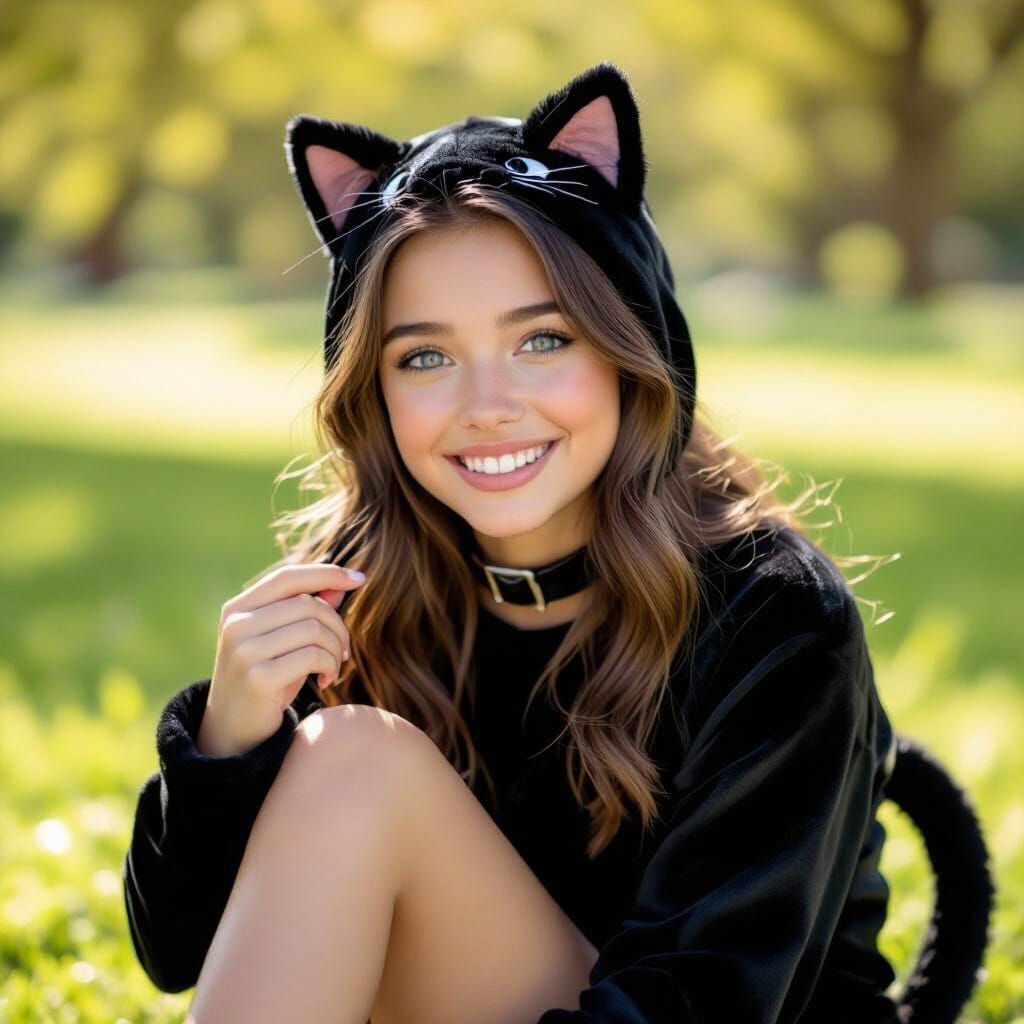 Happy Teen Girl in Realistic Cat Costume in Park