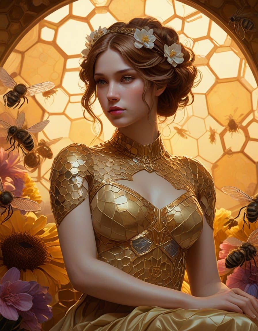 Goddess in Honeycomb, Alphonse Mucha Style