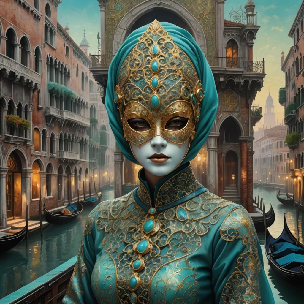 Masked Woman with Gold, as V-Ray Tracing