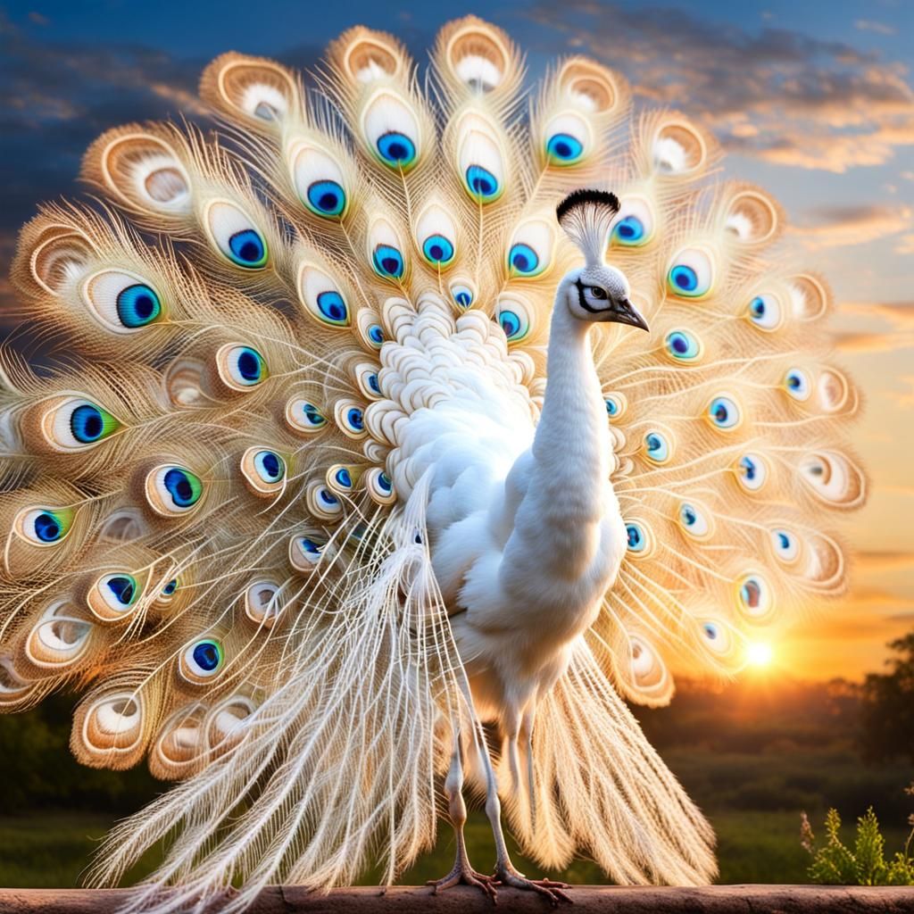 Elegant White Peacock at Sunset
