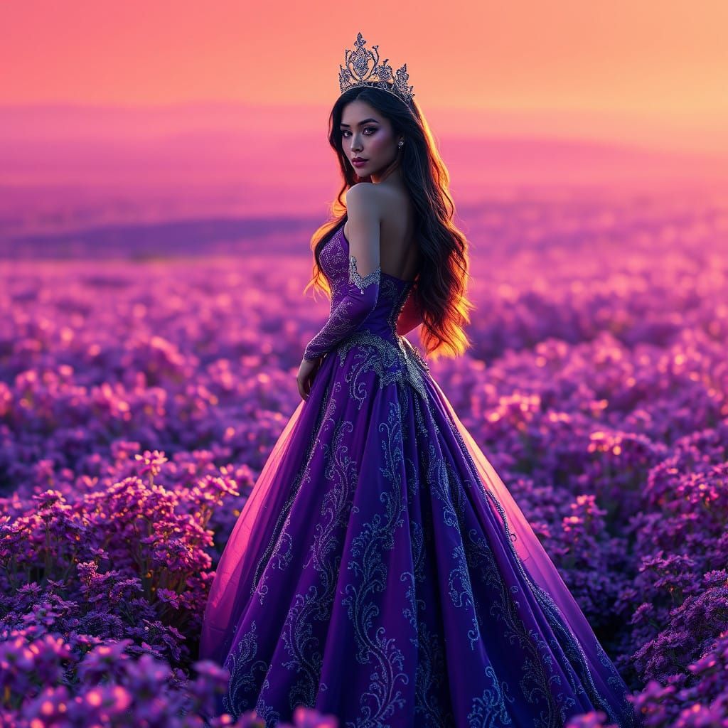 Regal Model in Iridescent Purple Field with Glowing Gown